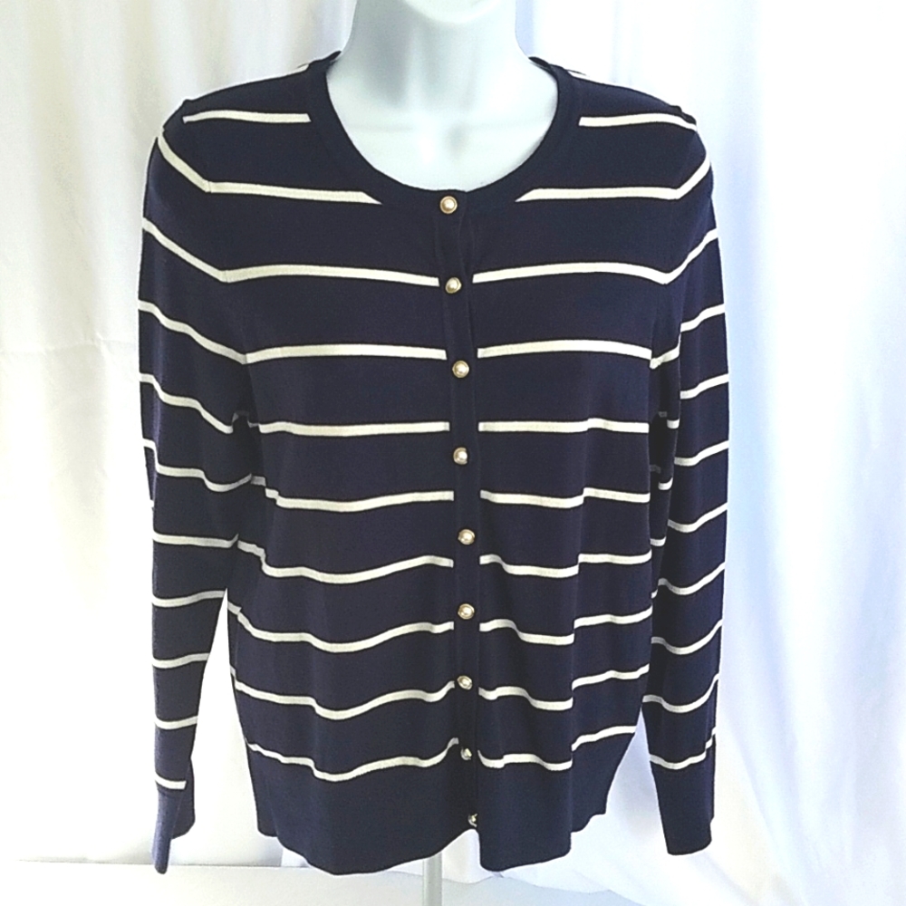 Charter Club Women's Faux-Pearl-Button Blue Striped Cardigan Size Small